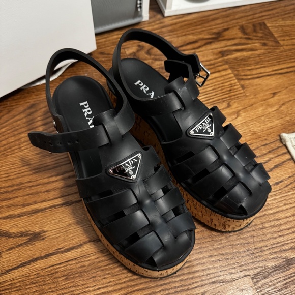 Prada Prada Black Rubber Monolith Platform Cork Sandals - Picture 2 of 12